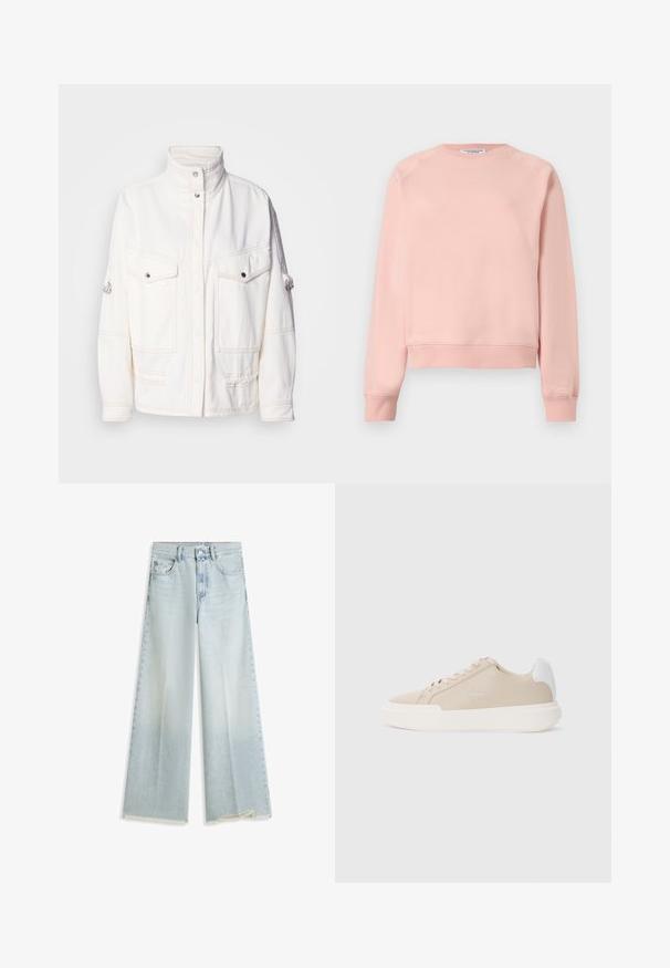 Veste en denim blanc avec un col haut, deux poches avant, des boutons-pression argentés et des détails de surpiqûre contrastés. Présente une coupe décontractée.; Sweat-shirt à manches longues rose clair avec col rond, poignets et ourlet côtelés, design uni, présenté sur un fond blanc.; Jean large bleu clair à taille haute, fermeture à boutons et zip sur le devant, cinq poches, avec détails d'ourlet brut.; Baskets en cuir beige avec un accent blanc à l'arrière, semelle blanche plate et coutures ton sur ton, avec un logo sur le côté.