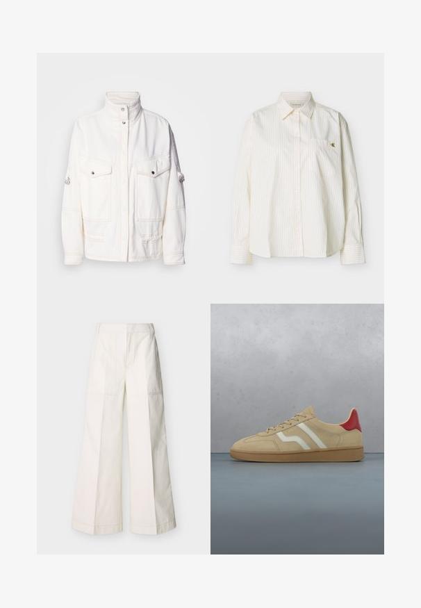 Chaqueta de denim blanca con un cuello alto, dos bolsillos frontales, botones a presión plateados y detalles de costura en contraste. Presenta un ajuste relajado.; Camisa blanca de manga larga con botones, rayas verticales delgadas, cuello puntiagudo, bolsillo en el pecho frontal y pequeño logo dorado "cK" en el bolsillo.; Pantalones de pierna ancha en algodón blanco, con bolsillos delanteros y costuras detalladas. Textura suave con un diseño limpio y minimalista.; Zapatilla beige de ante con un acento rojo en el talón, franjas blancas y una suela de goma texturizada color marrón claro. Cuenta con cordones y un interior liso.