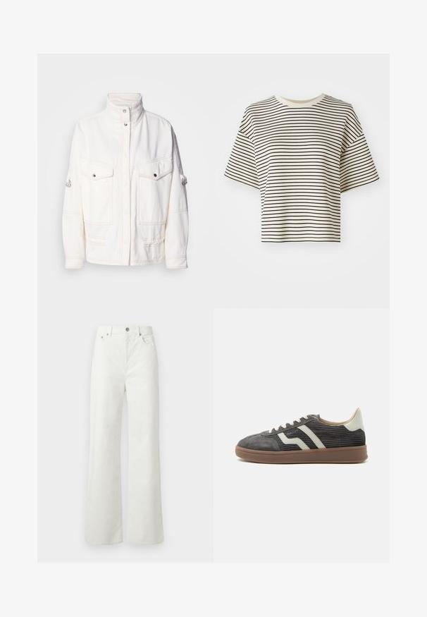 Veste en denim blanc avec un col haut, deux poches avant, des boutons-pression argentés et des détails de surpiqûre contrastés. Présente une coupe décontractée.; T-shirt court à rayures avec des manches courtes. Couleur : base ivoire avec de fines rayures horizontales noires. Le matériau semble doux, avec une texture lisse.; Samsøe Samsøe SHELLY - Jean boyfriend - clear cream; Baskets basses en velours côtelé gris avec bandes blanches sur les côtés, languette beige au talon, lacets blancs et semelle en caoutchouc marron.