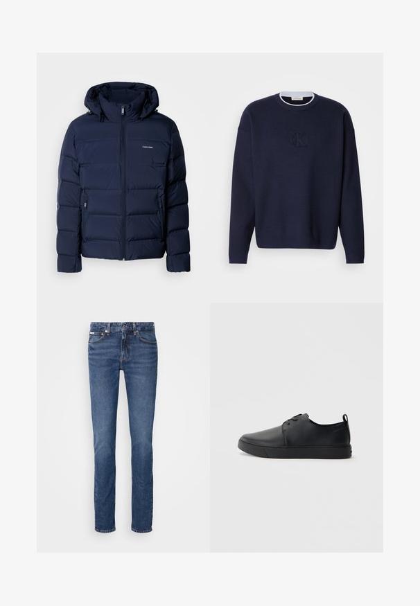 Marineblaue Steppjacke mit Kapuze, ausgestattet mit einem durchgehenden Reißverschluss, zwei seitlichen Taschen und genähten Einsätzen zur Isolierung. Dezentes Logo auf der Brust.; Marineblaue Strickjacke mit Rundhalsausschnitt, geripptem Kragen und dezent gesticktem "ck"-Logo auf der Vorderseite. Lange Ärmel, lockere Passform.; Blaue Denim-Jeans mit geradem Bein, ausgestattet mit einem klassischen Fünf-Taschen-Layout und kupferfarbenen Hardware-Accents am Bund und an den Taschen.; Schwarze Leder-Sneaker mit glatter Oberfläche, abgerundeter Zehenpartie, gleichfarbiger Nähte, schnürbarem Vorderteil und flacher Gummisohle. Schlaufe an der Ferse.
