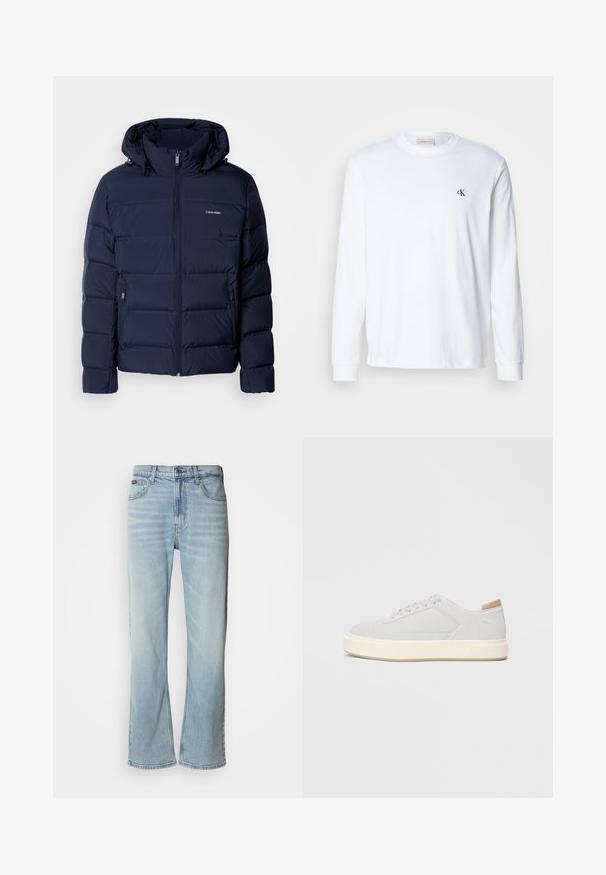 Veste matelassée bleu marine avec capuche, dotée d'une fermeture éclair complète, de deux poches latérales et de panneaux cousus pour l'isolation. Logo discret sur la poitrine.; Chemise blanche en coton à manches longues avec col rond et petit logo noir "cK" sur la poitrine gauche.; Jeans en denim bleu clair avec une coupe droite, dotés de cinq poches, d'une fermeture à bouton et d'une légère décoloration sur le tissu.; Baskets gris clair avec une tige synthétique lisse, un bout rond et une semelle intermédiaire texturée couleur crème. Accents beige clair au niveau du talon.