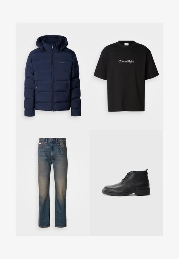 Marineblauwe donsjas met een capuchon, voorzien van een volledige rits, twee zijzakken en gestikte panelen voor isolatie. Subtiel logo op de borst.; Zwarte katoenen T-shirt met korte mouwen, voorzien van een wit "Calvin Klein" logo op de voorkant en een klassieke ronde hals.; Hoge taille blauwe spijkerbroek van denim, met een rechte pijpontwerp, vervaagde versleten plekken en traditionele vijf-pocket styling.; Zwarte leren laarzen met een gestructureerde afwerking, ronde neus, vetersluiting aan de voorkant en een stevige rubberen zool. Voorzien van een klein aantreklipje aan de achterkant.