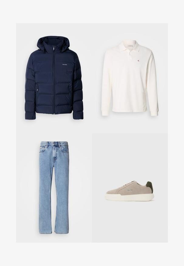 Marineblaue Steppjacke mit Kapuze, ausgestattet mit einem durchgehenden Reißverschluss, zwei seitlichen Taschen und genähten Einsätzen zur Isolierung. Dezentes Logo auf der Brust.; Langärmliges, cremefarbenes Poloshirt aus Baumwolle mit einem rot bestickten Logo auf der linken Brust und einem klassischen Kragen.; Hellblaue Jeans aus Denim mit geradem Bein, fünf Taschen und Knopfverschluss. Nähte in der Nähe der Taschen und des Bundes.; Beige Wildledersneaker mit einer weißen Gummisohle, die einen dunkelgrünen Akzent an der Ferse und dezente Markenaufschrift an der Seite aufweisen.