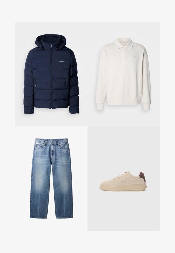 Marineblauwe donsjas met een capuchon, voorzien van een volledige rits, twee zijzakken en gestikte panelen voor isolatie. Subtiel logo op de borst.; Off-white lange mouw polo shirt met een ribbeltextuur, drie knopen op de kraag en een subtiel logo op de linkerkant van de borst.; Lichtblauwe rechte jeans met vervaagde plekken, vijf zakken, knoopsluiting en Calvin Klein-label op de rechter voorzak.; Beige suède sneakers met een ronde neus, vetersluiting aan de voorkant en een bruine suède accent op de hiel. Beschikt over een gestructureerde rubberen zool.