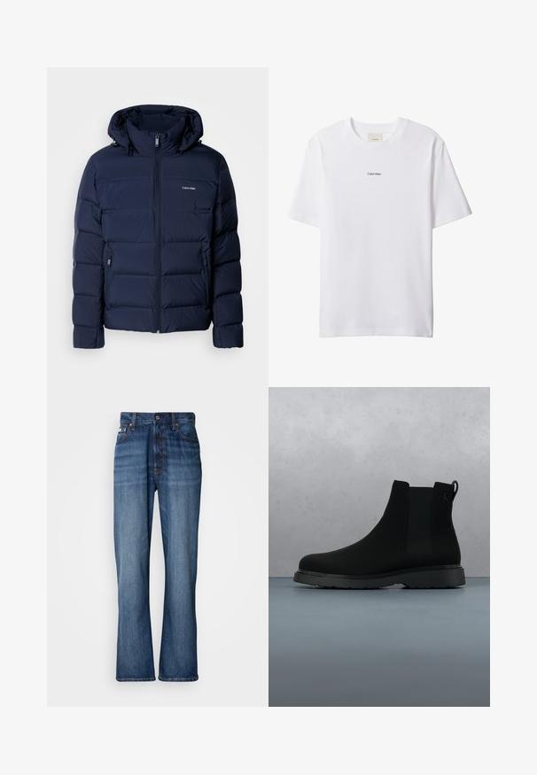 Veste matelassée bleu marine avec capuche, dotée d'une fermeture éclair complète, de deux poches latérales et de panneaux cousus pour l'isolation. Logo discret sur la poitrine.; T-shirt blanc en coton avec un col rond et des manches courtes. Présente un petit logo noir "Calvin Klein" centré sur la poitrine.; Jean en denim bleu avec une taille haute, jambes évasées, design à cinq poches et couture ton sur ton. Comprend une fermeture à bouton et des poches rivetées.; Bottine noire en matériau lisse avec des coutures subtiles, une semelle en caoutchouc et un design épuré, positionnée au-dessus d'une surface à texture bois.