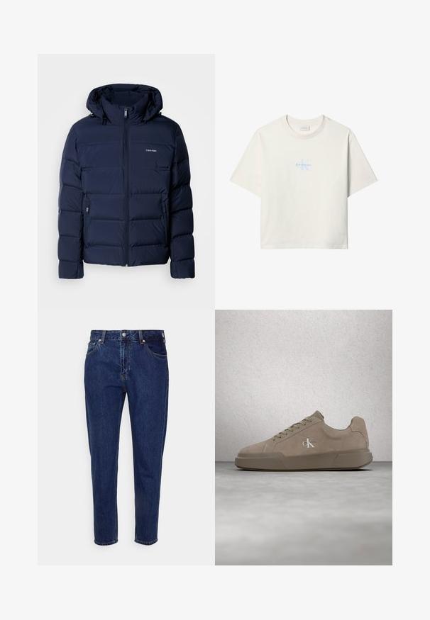 Marineblauwe donsjas met een capuchon, voorzien van een volledige rits, twee zijzakken en gestikte panelen voor isolatie. Subtiel logo op de borst.; Witte T-shirt met korte mouwen en lichtblauw Calvin Klein-logo centraal op de borst en een ronde halslijn.; Donkerblauwe straight-leg spijkerbroek met knoop- en ritssluiting aan de voorkant, riemlussen, en voor- en achterzakken.; Beige suède sneaker met veters en "ck"-logo, zwevend boven een gepolijste betonnen vloer met een achtergrond van glazen blokken.