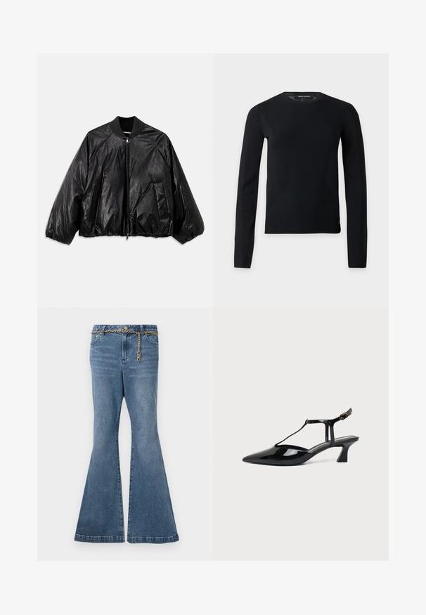 Veste bomber en cuir noir avec un col côtelé, des poignets élastiques, des poches avant et une fermeture éclair. Présente une texture légèrement brillante.; Pull noir à manches longues avec col rond, coupe slim et détails subtils de couture, présenté sur un fond clair uni.; Jean flare en denim délavé moyen, avec un détail en chaîne dorée à la taille et une conception standard à cinq poches.; Chaussure slingback en cuir verni noir à bout pointu avec bride en T et petit talon bloc incliné sur fond blanc.