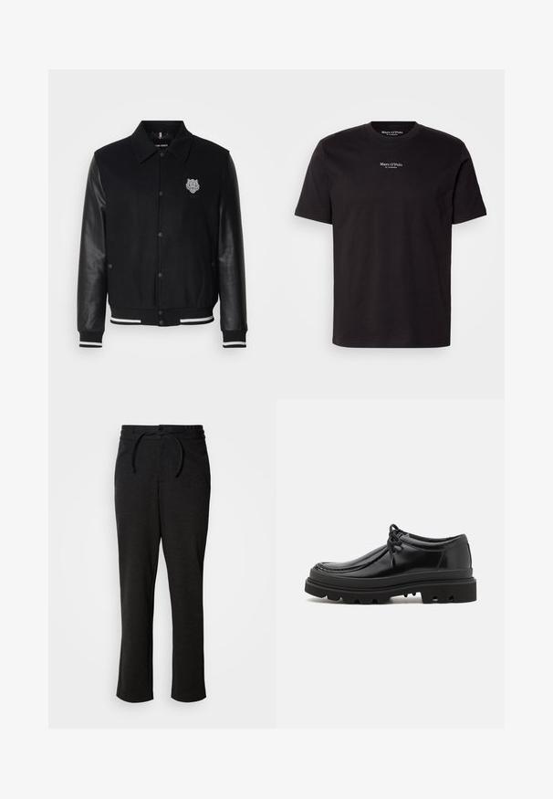Schwarze Collegejacke mit Wollkörper und Lederärmeln. Verfügt über ein Tigeremblem auf der linken Brust sowie gestreiften Rippbündchen und -saum.; Schwarzes Baumwoll-T-Shirt mit kurzen Ärmeln, U-Ausschnitt und einem weißen Logodruck auf der Brust. Einfaches, klassisches Design.; Schwarze Strickhose mit einem Kordelzugbund, geradem Bein und Seitentaschen. Weiche Textur mit glatter Oberfläche.; Schwarze Leder-Derby-Schuhe mit einem eleganten Design, runder Zehenpartie und rutschfester Gummisohle mit tiefen Rillen für besseren Halt.