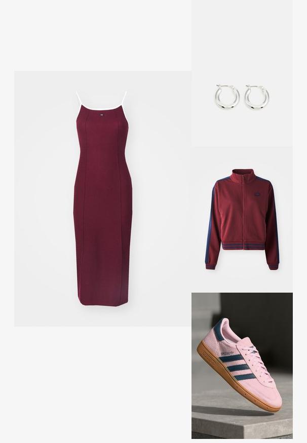Bordeauxfarvet zip-up jakke med høj krave, marineblå sidepaneller og stribede detaljer ved manchetterne og livstykket. Blødt, tekstureret stof.; Maroons fitted kjole med spaghetti stropper, hvid kant og lodrette sømme. Glat tekstur og knælængde design. Enkel, ærmeløs stil.; Lyserød ruskindssneaker med marineblå tre striber, gummisål og lyserøde snørebånd. Har "SPEZIAL"-branding på siden.; Sølv hoop-øreringe med en poleret finish, der har en cirkulær form og en hængslet lukning. Glat tekstur med minimal detaljering.