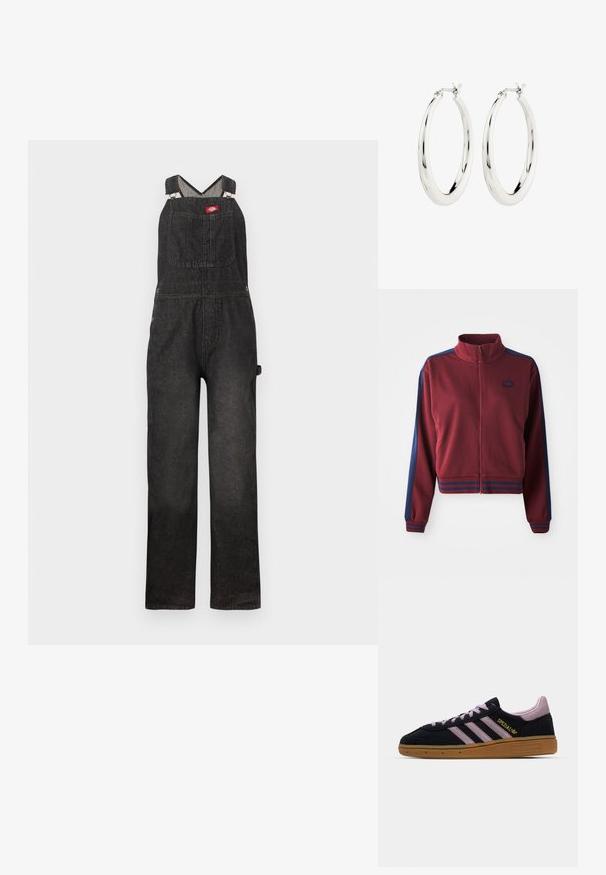 Bordeauxfarvet zip-up jakke med høj krave, marineblå sidepaneller og stribede detaljer ved manchetterne og livstykket. Blødt, tekstureret stof.; Sorte denim-overalls med justerbare skulderstropper, en frontbrystlomme og en afslappet straight-leg pasform.; Sort og pink ruskinds-sneakers med gummisål, tre pink striber, gyldent "SPEZIAL" branding og tekstureret gummisål. Lavt design.; Sølvøreringe i form af hoops med en glat, blank finish. Cirkulær form, der har en sikker lås. Simpelt og elegant design.