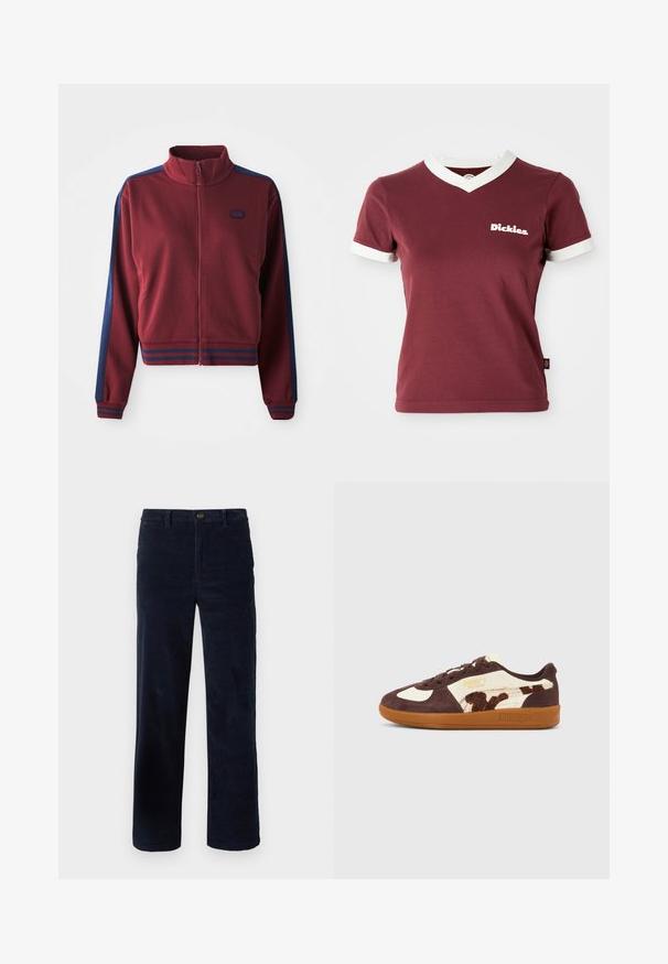 Bordeauxfarvet zip-up jakke med høj krave, marineblå sidepaneller og stribede detaljer ved manchetterne og livstykket. Blødt, tekstureret stof.; Bourgogne V-hals t-shirt med hvid ribkant ved halsen og ærmekanterne. Har et hvidt "Dickies" logo på venstre bryst. Lavet af bomuldsmateriale, tætsiddende design.; Mørkeblå kordfløjspants med lige ben, der har knaplukning og tekstureret stof. Ingen synlige mønstre eller detaljer.; Brun og cremefarvet Puma Palermo-sneaker med gummisål og dyreprintdetalje på siden, vist i profil på neutral baggrund.