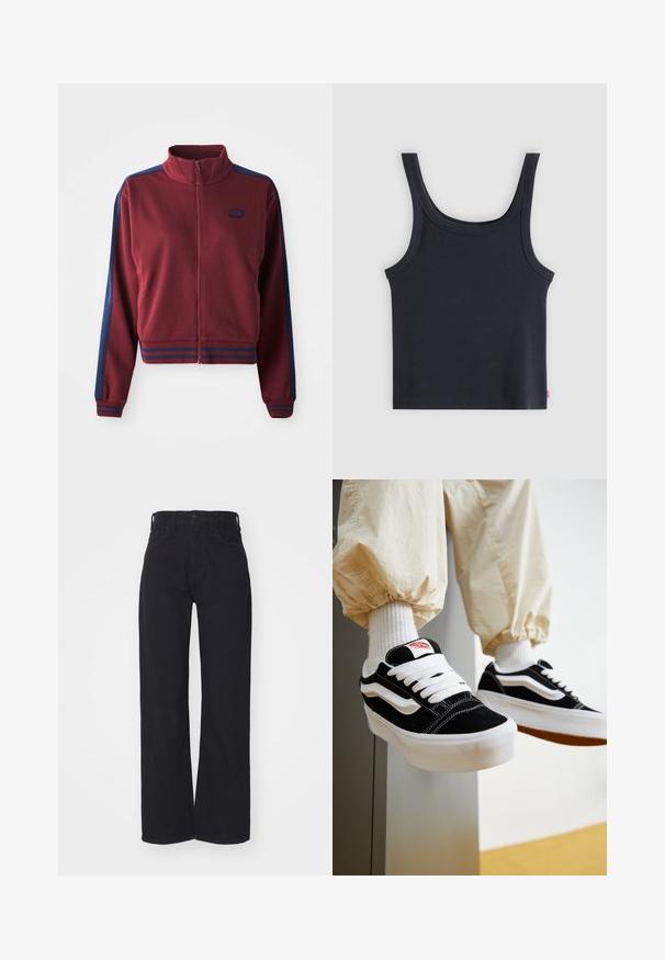 Bordeauxfarvet zip-up jakke med høj krave, marineblå sidepaneller og stribede detaljer ved manchetterne og livstykket. Blødt, tekstureret stof.; Sort ribbet tanktop med brede skulderstropper og rund halsudskæring, lagt fladt på en lys grå baggrund.; Sorte højtaljede bredbenede jeans med frontknap og lynlås, bæltestropper og to forlommer på hvid baggrund.; Person iført sorte og hvide Vans sneakers med hvide snørebånd, hvide sokker og beige bukser med elastiske manchetter.