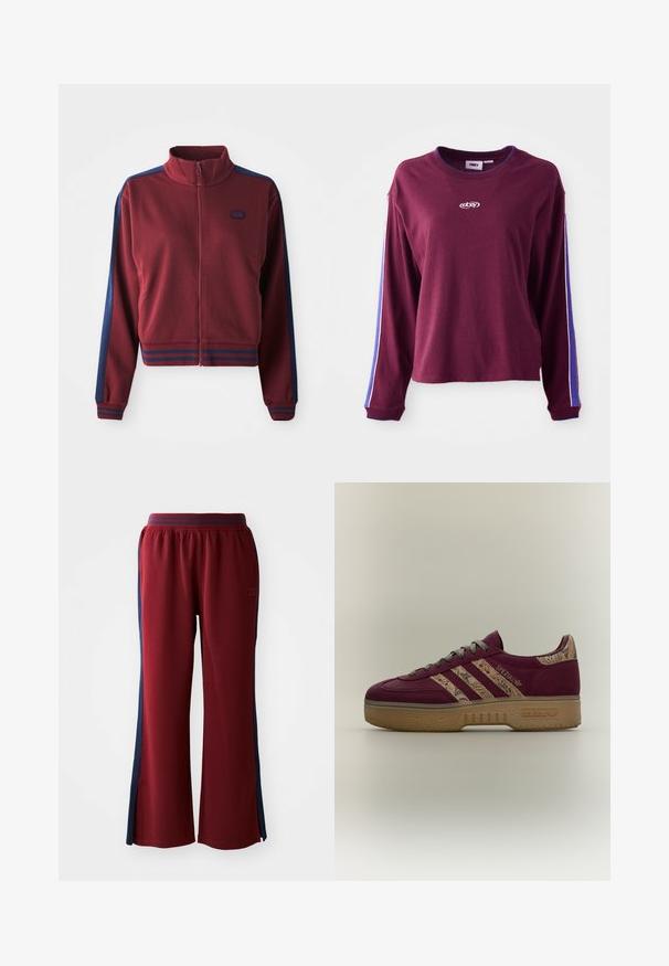 Bordeauxfarbene Zip-Jacke mit hohem Kragen, marineblauen Seiteneinsätzen und gestreiften Akzenten an den Bündchen und dem Saum. Weiches, strukturiertes Gewebe.; Burgunderfarbendes Langarmhemd aus Baumwolle, mit blauen und weißen Streifen an den Ärmeln und einem Logo in der Mitte. Normale Passform.; Rote Sweatpants in lockerer Passform mit marineblauen Seitenstreifen und weitem Bein. Mit elastischem Bund für zusätzlichen Komfort.; Maroonfarbener Adidas Spezial Sneaker mit Paisley-musterten drei Streifen und Ferse, braune Gummisohle und grüne Schnürsenkel, Seitenansicht auf einfachem Hintergrund.