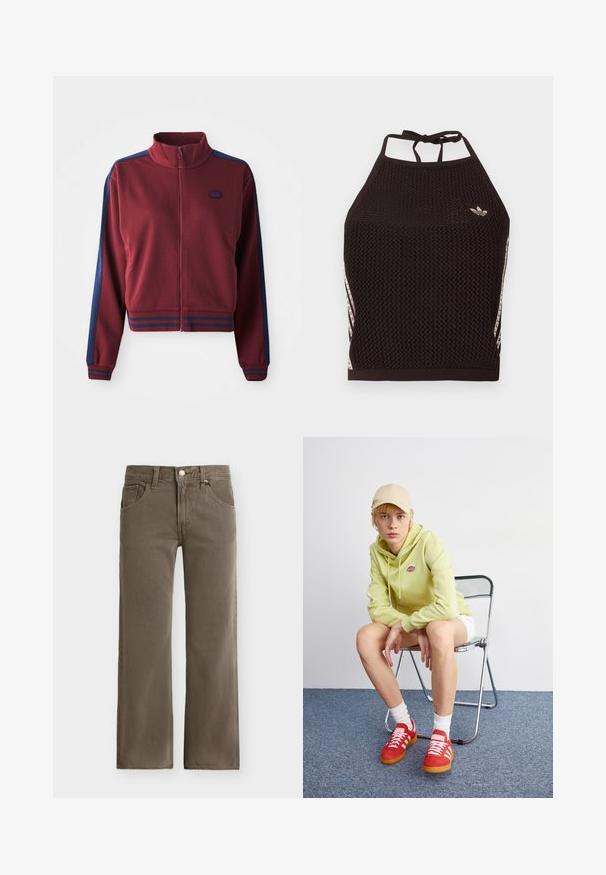 Bordeauxfarvet zip-up jakke med høj krave, marineblå sidepaneller og stribede detaljer ved manchetterne og livstykket. Blødt, tekstureret stof.; Sort mesh halter crop top med tekstureret design. Har pink accentstriber og en lille logo foran. Lukning med bånd bagpå.; Brune straight-leg denimbukser med knap- og lynlåslukning foran, bæltestropper og forlommer mod en ensfarvet baggrund.; Lysegrøn hættetrøje med logo, hvide shorts, røde sneakers med hvide striber, siddende på en krom foldebænk mod en neutral baggrund.
