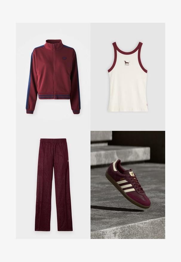 Bordeauxfarvet zip-up jakke med høj krave, marineblå sidepaneller og stribede detaljer ved manchetterne og livstykket. Blødt, tekstureret stof.; Hvid ærmeløs ribbet tank top med mørkerødt kantbånd og lille broderet gravhund og Levi's-logo på brystet.; Bordeaux træningsbukser lavet af tekstureret stof, med elastisk talje og sidesømme for en lige ben-design.; Bourgognefarvet sneaker med tekstureret læder, tre hvide striber og gyldne detaljer. Gummisål, klassisk Samba-design og åndbare mesh-detaljer.
