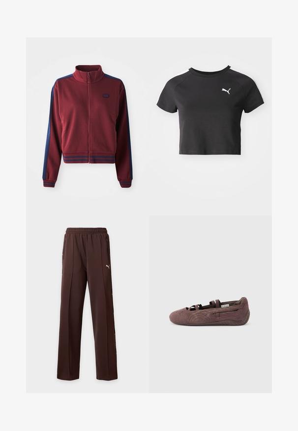 Bordeauxfarvet zip-up jakke med høj krave, marineblå sidepaneller og stribede detaljer ved manchetterne og livstykket. Blødt, tekstureret stof.; Sort cropped t-shirt lavet af bomuld, med rund halsudskæring, korte raglanærmer og et hvidt Puma-logo på venstre bryst.; Brune Puma træningsbukser med elastisk taljebånd, lynlåslommer i siderne og lille hvid Puma-logo på højre lår.; Brun ruskinds balletsko med elastiske stropper og tekstureret sål, vist i profil mod en ensfarvet lys baggrund.