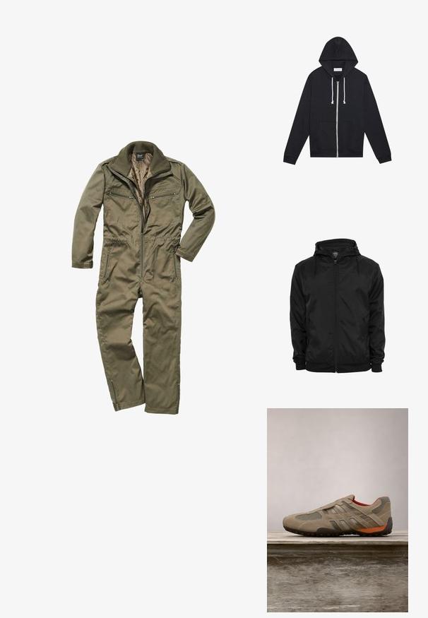 Zwarte capuchonjas met voorritssluiting en aantrekkoorden, lange mouwen en ritssluitbare zijzakken, afgebeeld op een effen witte achtergrond.; Olijfgroene jumpsuit gemaakt van duurzaam weefsel, met een ritssluiting aan de voorkant, geribde kraag en meerdere met rits afsluitbare zakken op de borst en zijkanten.; Zwarte zip-up hoodie met witte trekkoorden, voorzakken en een zichtbaar "Pier One" merklabel binnenin de kraag.; Beige sneaker met gaaspanelen, textuur suède en grijze accenten. Heeft een zwarte rubberen zool en een oranje accent op de hak.