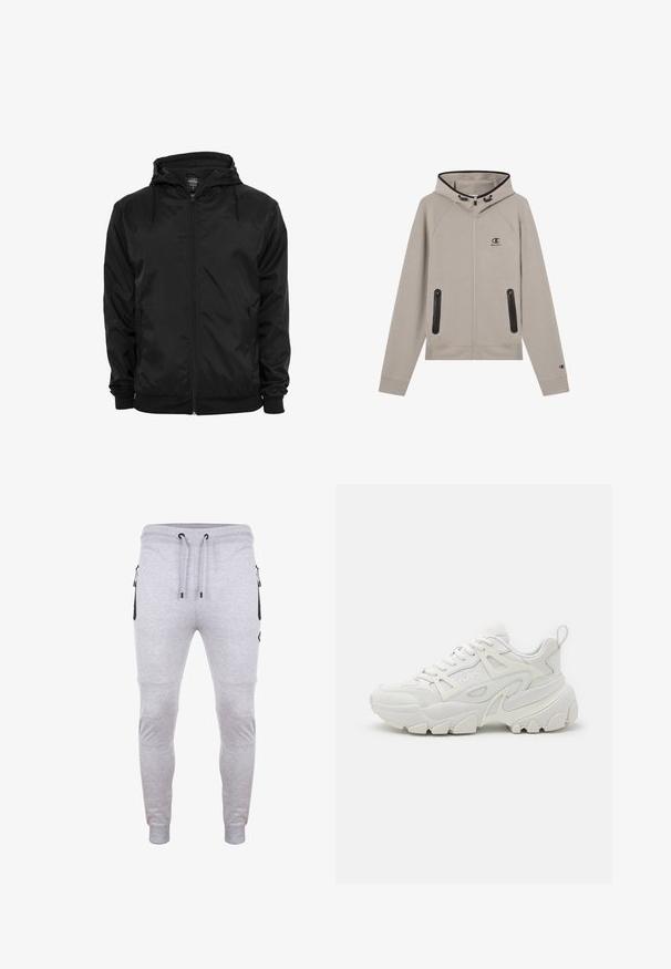 Zwarte capuchonjas met voorritssluiting en aantrekkoorden, lange mouwen en ritssluitbare zijzakken, afgebeeld op een effen witte achtergrond.; Lichtgrijze hoodie met rits, voorzien van een zwart gevoerde capuchon, twee voorzakken met rits en een klein logo op de borst. Zachte stoftextuur.; Grijze joggingsbroek van zachte stof, met een slankere pasvorm, elastische tailleband met trekkoord en ritszakken aan de zijkant.; Witte sportieve sneakers met een gestructureerde bovenkant, mesh panelen, een opvallende rubberen zool en decoratieve uitsparingen aan de zijkanten.