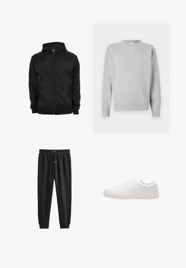 Zwarte capuchonjas met voorritssluiting en aantrekkoorden, lange mouwen en ritssluitbare zijzakken, afgebeeld op een effen witte achtergrond.; Grijze sweatshirt van zacht materiaal, met een ronde hals, lange mouwen, geribbelde manchetten en een rechte zoom. Geen zichtbare patronen of grafische elementen.; Zwarte joggingsbroek van zacht materiaal, met een elastische tailleband met een trekkoord, taps toelopende pijpen en ribbelboorden bij de enkels.; Witte leren sneaker met een gladde textuur, ronde neus, vetersluiting en een platte rubberen zool. Minimalistisch ontwerp zonder zichtbare patronen.