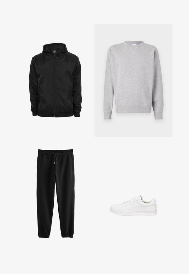Chaqueta negra con capucha, cremallera frontal y cordones, mangas largas y bolsillos laterales con cremallera, mostrada sobre un fondo blanco liso.; Sudadera gris hecha de tela suave, con cuello redondo, mangas largas, puños acanalados y dobladillo recto. Sin patrones ni gráficos visibles.; Pantalones jogger negros con cinturilla elástica, cordón ajustable, bolsillos laterales y puños elásticos en los tobillos.; Zapatilla blanca de corte bajo con cierre de cordones, parte superior de cuero liso, cuello acolchado y suela gruesa de goma, mostrada en perfil lateral sobre fondo blanco.