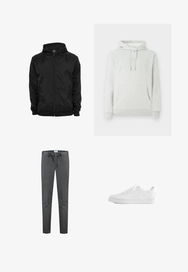 Zwarte capuchonjas met voorritssluiting en aantrekkoorden, lange mouwen en ritssluitbare zijzakken, afgebeeld op een effen witte achtergrond.; Lichtgrijze hoodie met een trekkoordkap, voorzak, ribgebreide manchetten en zoom, met een subtiele logo-embossing op de borst.; Grijze, elastische broeken met een gladde textuur, een trekkoord in de taille en een knoopsluiting. Kenmerken zijn het slim-fit ontwerp en minimale zichtbare naden.; Witte lage sneaker met veters, glad leren bovenwerk en een platte rubberen zool, vanaf de zijkant op een witte achtergrond.