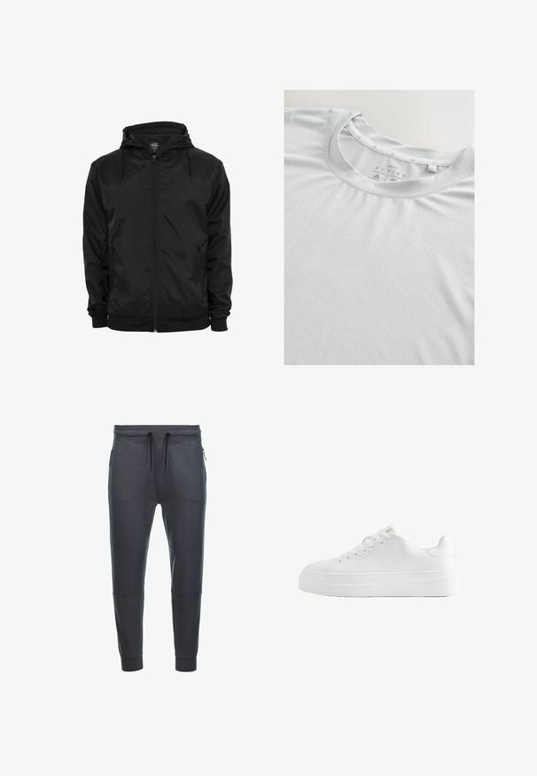 Zwarte capuchonjas met voorritssluiting en aantrekkoorden, lange mouwen en ritssluitbare zijzakken, afgebeeld op een effen witte achtergrond.; Lichtgrijze sport T-shirt gemaakt van een gestructureerde stof, met een ronde halslijn en subtiele driehoekige accenten op de kraag.; Donkergrijze sweatpants van zacht materiaal, met een tailleband met trekkoord, twee zijzakken met rits en paneeldetails op de benen.; Witte lage sneaker met dikke zool, veters aan de voorkant en kleine ventilatiegaatjes aan de zijkant, zijaanzicht.