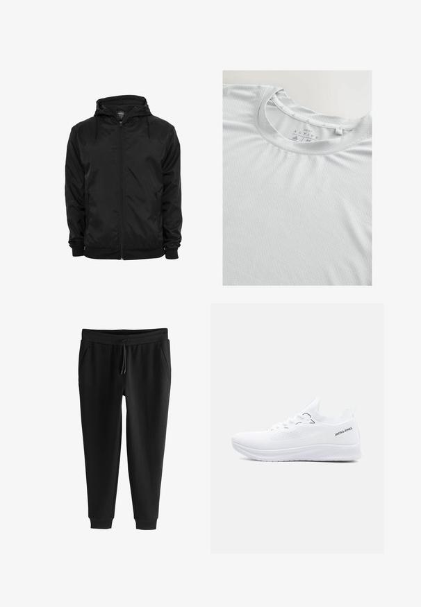 Chaqueta negra con capucha, cremallera frontal y cordones, mangas largas y bolsillos laterales con cremallera, mostrada sobre un fondo blanco liso.; Camiseta de deporte de color gris claro hecha de tejido texturizado, con un cuello redondo y sutiles acentos triangulares en el collar.; Pantalones deportivos negros con perneras estrechas, cintura elástica, cordón, bolsillos laterales y puños en los tobillos, colocados planos sobre fondo blanco.; Zapatilla blanca de punto baja con suela texturizada, cierre de cordones y logo "JACK & JONES" en el lateral del cuello del talón.