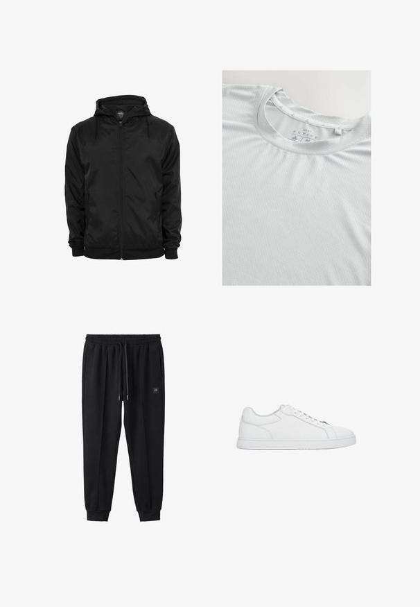 Zwarte capuchonjas met voorritssluiting en aantrekkoorden, lange mouwen en ritssluitbare zijzakken, afgebeeld op een effen witte achtergrond.; Lichtgrijze sport T-shirt gemaakt van een gestructureerde stof, met een ronde halslijn en subtiele driehoekige accenten op de kraag.; Zwarte joggingbroek met elastische tailleband, trekkoord, zijzakken, omgeslagen enkels en een klein logo op rechterdij.; Witte lage leren sneaker met witte veters, gestikte details en een platte rubberen zool, vanaf de zijkant getoond op een effen achtergrond.