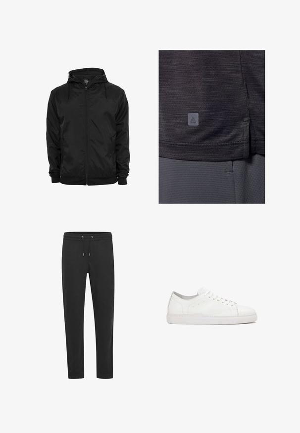 Zwarte capuchonjas met voorritssluiting en aantrekkoorden, lange mouwen en ritssluitbare zijzakken, afgebeeld op een effen witte achtergrond.; Donkergrijs sportshirt, gemaakt van gestructureerde stof. Heeft een zijsplit aan de zoom en een klein logo-label in de linkerbenedenhoek.; Zwarte katoenen joggingsbroek met elastische tailleband en trekkoord. Voorzien van zijzakken en taps toelopende boorden voor een strakke pasvorm. Soepele textuur.; Witte leren sneakers met een gladde textuur, ronde neus, vetersluiting en subtiele stikselaccenten op een platte rubberen zool.