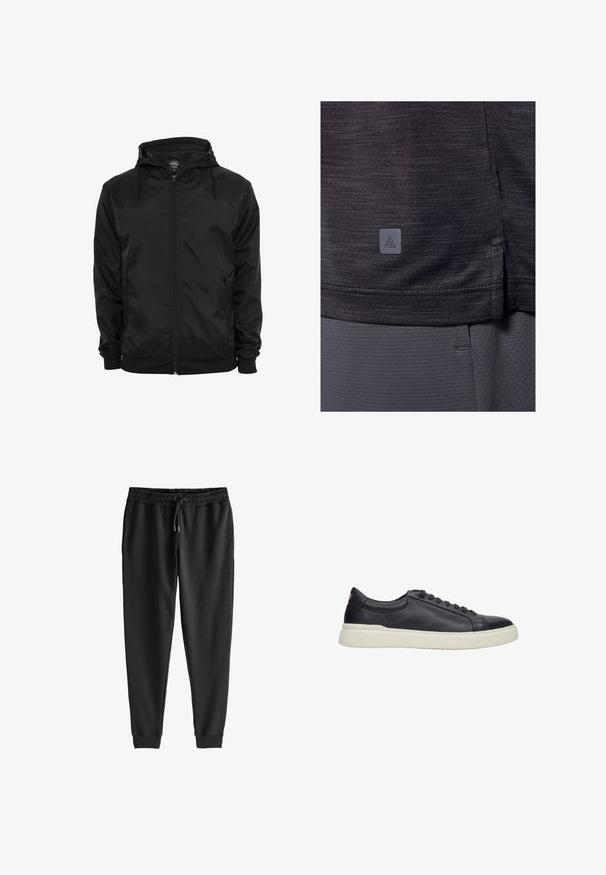 Zwarte capuchonjas met voorritssluiting en aantrekkoorden, lange mouwen en ritssluitbare zijzakken, afgebeeld op een effen witte achtergrond.; Donkergrijs sportshirt, gemaakt van gestructureerde stof. Heeft een zijsplit aan de zoom en een klein logo-label in de linkerbenedenhoek.; Zwarte sweatpants gemaakt van zachte stof, met een elastische tailleband met trekkoord, taps toelopende benen en ribgebreide boorden bij de enkels.; Zwarte leren sneaker met een ronde neus, vetersluiting aan de voorkant en een textuur oppervlak. Voorzien van een crèmekleurige rubberen zool en een klein logo accent.