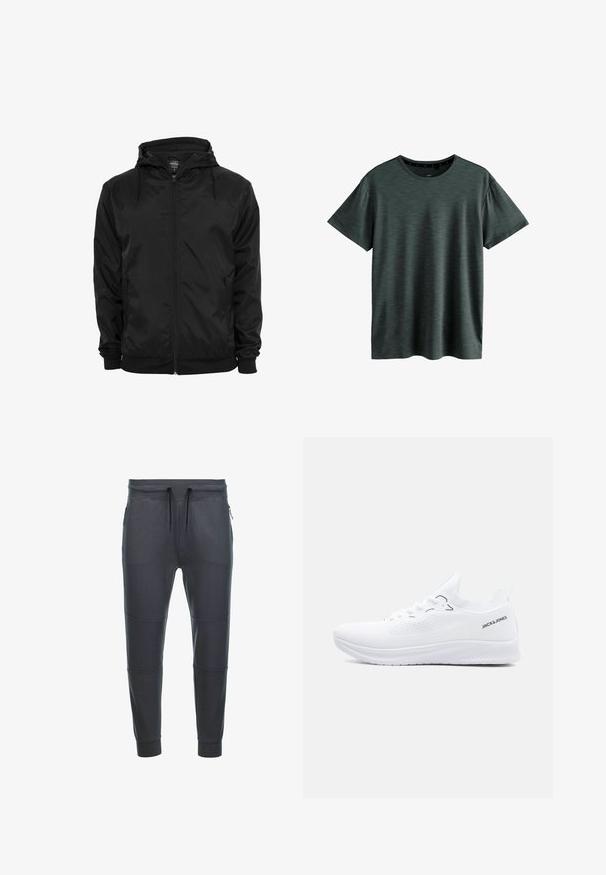 Chaqueta negra con capucha, cremallera frontal y cordones, mangas largas y bolsillos laterales con cremallera, mostrada sobre un fondo blanco liso.; Camiseta gris oscuro hecha de un tejido suave y texturizado. Presenta un clásico cuello redondo y mangas cortas con un sutil patrón. Sin logotipos visibles.; Pantalones de chándal gris oscuro fabricados en tejido suave, con cintura elástica ajustable, dos bolsillos laterales con cremallera y detalles en panel en las piernas.; Zapatilla blanca de punto baja con suela texturizada, cierre de cordones y logo "JACK & JONES" en el lateral del cuello del talón.