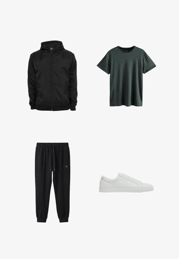 Chaqueta negra con capucha, cremallera frontal y cordones, mangas largas y bolsillos laterales con cremallera, mostrada sobre un fondo blanco liso.; Camiseta gris oscuro hecha de un tejido suave y texturizado. Presenta un clásico cuello redondo y mangas cortas con un sutil patrón. Sin logotipos visibles.; Pantalones jogger negros con cintura elástica, cordón, bolsillos laterales, tobillos con puños y una pequeña etiqueta con el logo en el muslo derecho.; Reiss REGULAR FIT - LUCA TUMBLED - Zapatillas - white