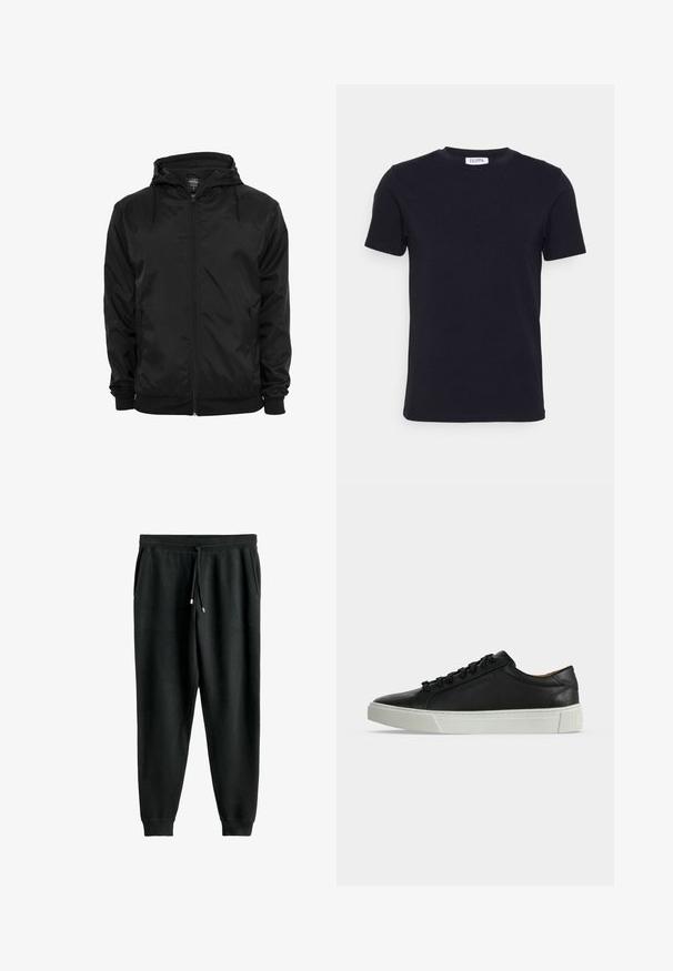 Chaqueta negra con capucha, cremallera frontal y cordones, mangas largas y bolsillos laterales con cremallera, mostrada sobre un fondo blanco liso.; Camiseta negra de manga corta con cuello redondo, con una pequeña etiqueta blanca en el interior del cuello.; Pantalones negros de chándal con cintura ajustable, bolsillos laterales, piernas ajustadas y puños acanalados. Fabricados con un tejido suave de textura lisa.; Zapatilla baja de cuero negra con cordones negros y una gruesa suela de goma blanca, mostrada de perfil sobre un fondo blanco.