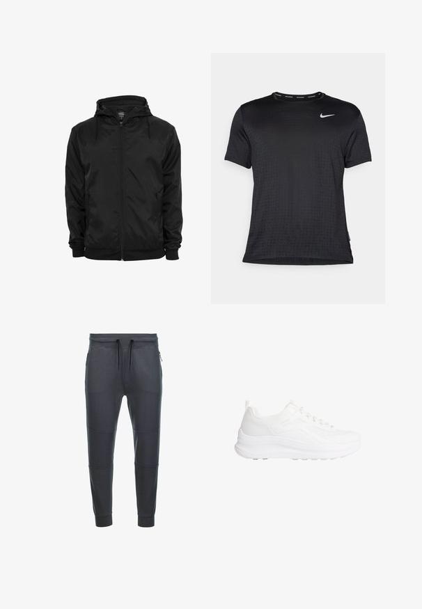Chaqueta negra con capucha, cremallera frontal y cordones, mangas largas y bolsillos laterales con cremallera, mostrada sobre un fondo blanco liso.; Camiseta deportiva de manga corta negra, con cuello redondo, tejido transpirable, sutil patrón de puntos elevados y un pequeño logo blanco de Nike en el pecho.; Pantalones de chándal gris oscuro fabricados en tejido suave, con cintura elástica ajustable, dos bolsillos laterales con cremallera y detalles en panel en las piernas.; Zapatilla deportiva blanca de corte bajo con parte superior de punto texturizado, suela gruesa y acolchonada, cierre de cordones y marca sutil en el panel lateral.