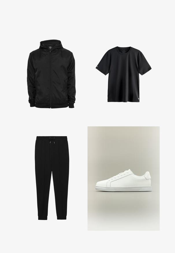 Chaqueta negra con capucha, cremallera frontal y cordones, mangas largas y bolsillos laterales con cremallera, mostrada sobre un fondo blanco liso.; Camiseta deportiva negra lisa de manga corta con cuello redondo, etiqueta de talla mediana en el interior del cuello y pequeño logo en el dobladillo inferior izquierdo.; Pantalones deportivos negros con cintura ajustable, piernas ajustadas y puños acanalados. Hechos de una tela suave con una textura lisa.; Zapatilla blanca de caña baja con cordones al frente y suela de goma texturizada sobre un fondo neutro y sencillo.