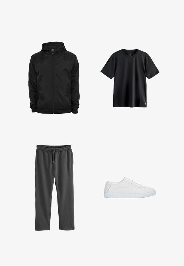 Zwarte capuchonjas met voorritssluiting en aantrekkoorden, lange mouwen en ritssluitbare zijzakken, afgebeeld op een effen witte achtergrond.; Effen zwarte korte mouwen sport-T-shirt met een ronde hals, medium maatlabel binnen in de halslijn en klein logo op de onderste linkerbies.; Grijze sweatpants met een elastische tailleband en verstelbaar trekkoord. Gemaakt van zacht materiaal, met zijzakken en een ontspannen fit.; Witte lage sneaker met vetersluiting, glad leren bovenwerk en platte rubberen zool, zijaanzicht op een witte achtergrond.