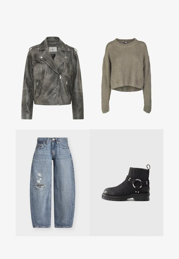 Gestuz VINTAGE JACKET - Kožená bunda - cold vintage grey; Olivovo zelený skrátený pletený sveter s texturovaným vzorom, okrúhlym výstrihom a dlhými rukávmi. Hrubé rebrovanie na leme a manžetách.; Modré rifľové nohavice s širokými nohavicami, vysokým pásom a ošúchanými dierami na ľavom stehne, s prednými vreckami a pútkami na opasok.; Čierne členkové topánky s okrúhlou špičkou, textúrovaným zvrškom, elastickými bočnými panelmi a dekoratívnym strieborným krúžkovým akcentom. Masívna podrážka.