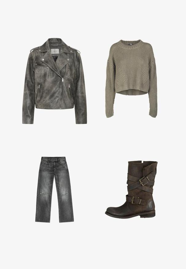 Gestuz VINTAGE JACKET - Leren jas - cold vintage grey; Olijfgroen geknipte gebreide trui met een textuurpatroon, ronde halslijn en lange mouwen. Dikke ribbels aan de zoom en manchetten.; Zwarte vervaagde rechtvaardige jeans met versleten gaten op de knieën en een klassiek vijf-pocket ontwerp, plat gelegd op een witte achtergrond.; Bruine leren enkelboot met een platte hak. Kenmerken zijn meerdere gespen en een versleten textuur. Ronde neus en een iets slouchy ontwerp.