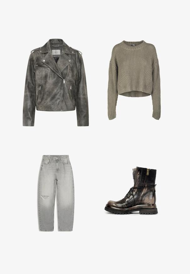 Gestuz VINTAGE JACKET - Veste en cuir - cold vintage grey; Pull à manches longues en maille épaisse couleur taupe avec col rond côtelé et ourlet légèrement raccourci.; Jean gris clair taille haute avec fermeture par bouton et fermeture éclair, poches avant et déchirure usée sur la cuisse gauche.; Botte de combat en cuir noir et marron avec fermeture éclair latérale, lacets, semelle robuste et une sangle à boucle à l'arrière, vue du côté droit.