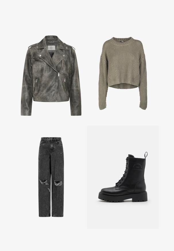Gestuz VINTAGE JACKET - Kožená bunda - cold vintage grey; Olivovo zelený skrátený pletený sveter s texturovaným vzorom, okrúhlym výstrihom a dlhými rukávmi. Hrubé rebrovanie na leme a manžetách.; Čierne vysoké široké džínsy s roztrhnutými kolenami a opotrebovanými detailmi na bielom pozadí.; Čierne kožené členkové čižmy s okrúhlou špičkou, šnurovacími detailmi, hrubou gumovou podrážkou a jemne embosovanými logom na boku.