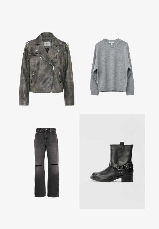 Gestuz VINTAGE JACKET - Læderjakker - cold vintage grey; Blød grå strikket crewneck-trøje med lange ærmer, ribstrikkede manchetter, kant og halsudskæring, vist på en hvid baggrund.; Sorte jeans med lige ben, med slidte, vandrette slidser på begge knæ og klassisk fem-lomme design.; Samsøe Samsøe SABRENTA - Cowboy- / bikerstøvlette - black