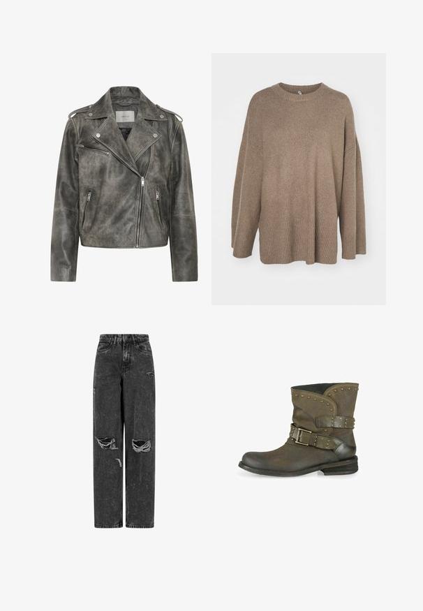 Gestuz VINTAGE JACKET - Lederjacke - cold vintage grey; Brauner übergroßer Pullover mit geripptem Saum, weiten Ärmeln und Rundhalsausschnitt. Weiche Textur, minimalistisches Design ohne Muster.; Schwarze hochgeschnittene weit geschnittene Jeans mit aufgerissenen Knien und abgetragenen Details auf einem weißen Hintergrund.; Braune Lederstiefelette mit runder Spitze, studierten Akzenten und breitem Riemen sowie Schnallenverzierung. Mattschliff mit niedrigem Absatz.