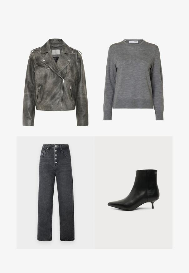 Gestuz VINTAGE JACKET - Læderjakker - cold vintage grey; Langærmet, lysegrå striktrøje med rund hals og ribstrikkede manchetter og kant, vist mod hvid baggrund.; Høj Talje, vidde ben jeans i mørkegrå denim med fem knapper, bæltesløjfer og forlommer. Glat struktur med let falmede områder.; Sort læder ankelstøvle med spids tå og lav kitten hæl på lys baggrund, der viser yderside.