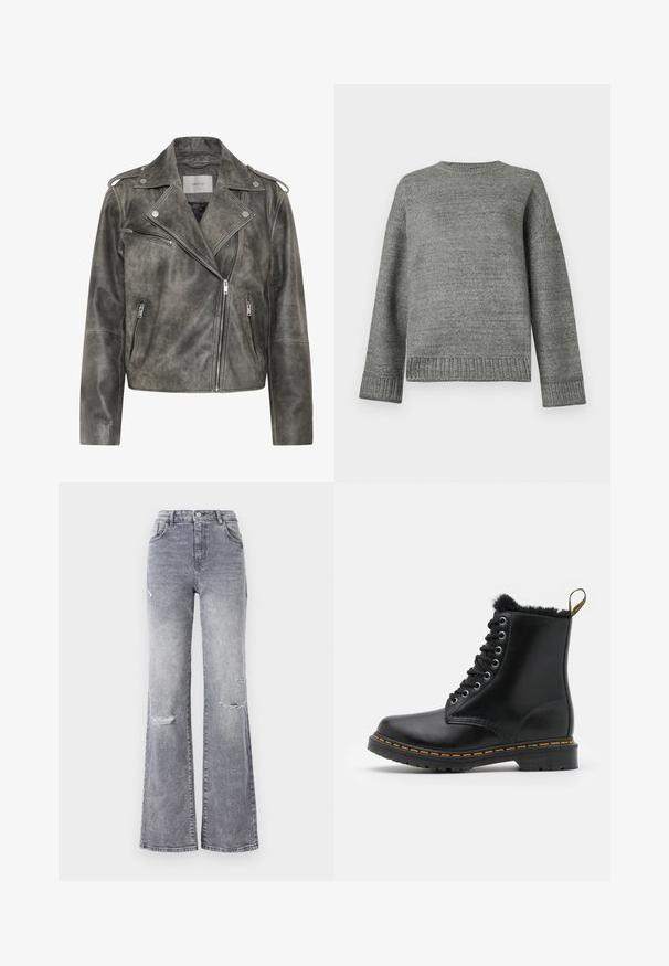 Gestuz VINTAGE JACKET - Leren jas - cold vintage grey; Grijze gebreide trui met een ronde halslijn, verlaagde schouders en geribbelde manchetten en zoom. Glad textuur met een effen kleur en minimale details.; Hoge taille grijze denim jeans met een uitlopende pijp, voorzien van versleten details op de knieën, een klassieke vijf-pocket ontwerp en ton-sur-ton stiksels.; Zwarte leren enkellaarsjes met een ronde neus, bontvoering, zilveren oogjes en gele stiksels langs de loopzool. Stevige rubberen zool.