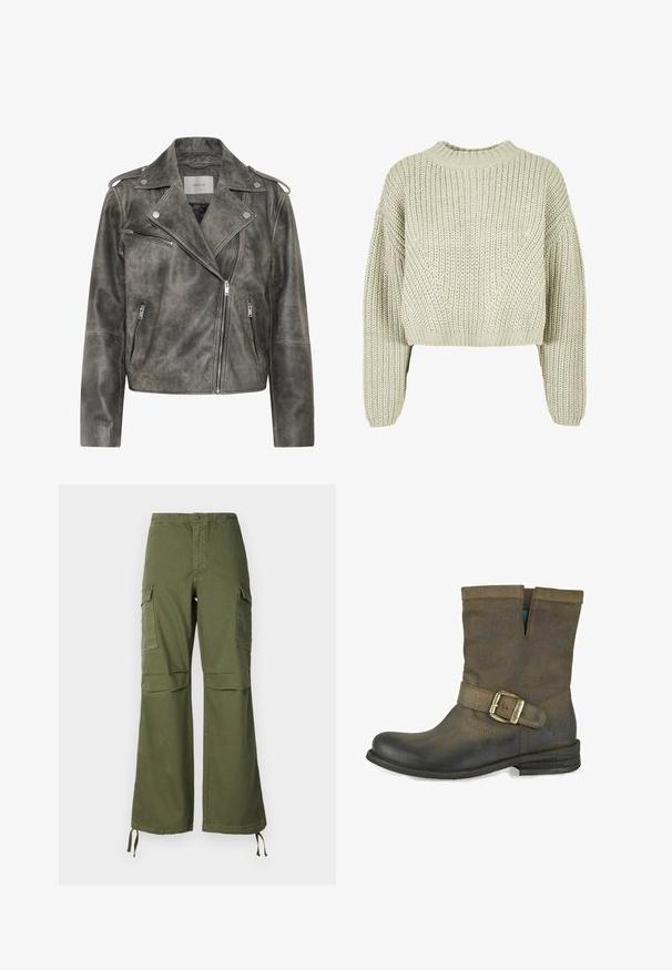 Gestuz VINTAGE JACKET - Kožená bunda - cold vintage grey; Svetlošedý pletený sveter so voľným strihom, rebrovaným výstrihom a širokými rukávmi. Texturovaná látka má diagonálne šitia.; Olivové zelené nohavice typu cargo z bavlny, s voľným strihom, dvomi bočnými vreckami a nastaviteľnými šnúrkami na leme.; Hnedé kožené členkové topánky s vykrojenou špičkou, s prackou na dekoráciu a otvoreným dizajnom na vrchu. Textúrovaný povrch s nízkym vrstveným podpätkom.
