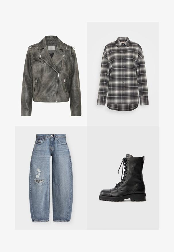 Gestuz VINTAGE JACKET - Kožená bunda - cold vintage grey; Kockovaná košeľa s dlhým rukávom v čiernej, sivej a bielej farbe. Má zapínanie na gombíky, špicatý golier a uvoľnený strih s rovnými okrajmi.; Modré rifľové nohavice s širokými nohavicami, vysokým pásom a ošúchanými dierami na ľavom stehne, s prednými vreckami a pútkami na opasok.; Čierne kožené šnurovacie topánky s okrúhlou špičkou, broguesom a robustnou gumovou podrážkou. Vybavené zipsom na zadnej strane pre jednoduché obúvanie.