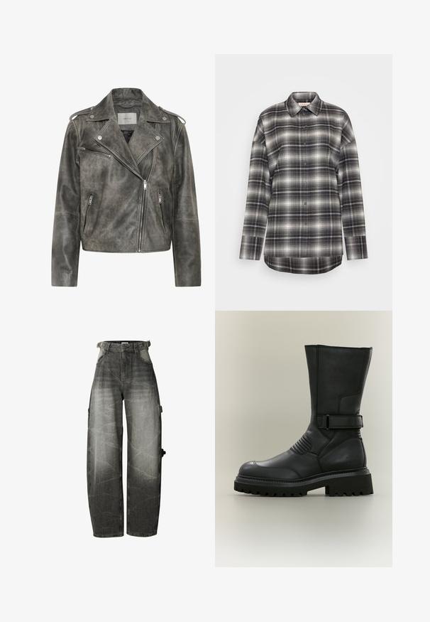 Gestuz VINTAGE JACKET - Veste en cuir - cold vintage grey; Chemise à manches longues à carreaux en noir, gris et blanc. Dotée d'une fermeture à boutons à l'avant, d'un col pointu et d'une coupe décontractée avec un ourlet droit.; Jean noir délavé coupe large avec taille haute, poches avant et passants de ceinture, avec un détail de poche sur la jambe droite.; Botte noire en cuir mi-mollet avec semelle épaisse à crampons, détail de sangle latérale, nervures rembourrées au-dessus de la cheville et bout arrondi.
