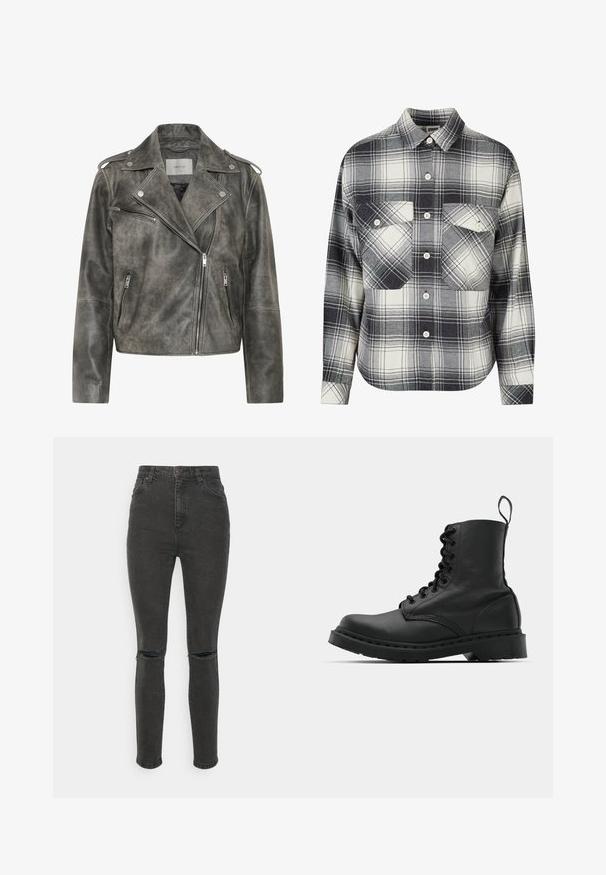Gestuz VINTAGE JACKET - Leren jas - cold vintage grey; Geruite flanellen overhemd in zwart, wit en grijs. Beschikt over een knoopsluiting aan de voorkant, twee borstzakken en lange mouwen met knoopmanchetten.; Cotton On CURVY SKINNY - Jeans Skinny Fit - graphite black rip; Zwarte leren gevechtslaars met een ronde neus, vetersluiting aan de voorkant en een lusje bij de enkel. Kenmerkt zich door een dikke rubberen zool voor duurzaamheid.
