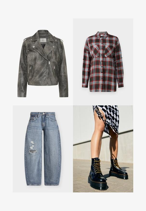 Gestuz VINTAGE JACKET - Lederjacke - cold vintage grey; Langärmliges kariertes Hemd mit einem Farbschema aus Dunkelgrün, Rot, Blau und Weiß, zwei Brusttaschen und Knopfverschluss vorne.; Weit geschnittene blaue Jeans aus Denim mit hoher Taille und abgenutzten Rissen am linken Oberschenkel, mit Fronttaschen und Gürtelschlaufen.; Schwarze Leder-Plateau-Stiefel mit klobigen Sohlen, goldenen Schnürsenkeln und orangefarbenen Nähten, kombiniert mit einem karierten Rock, der einen seitlichen Schlitz zeigt.