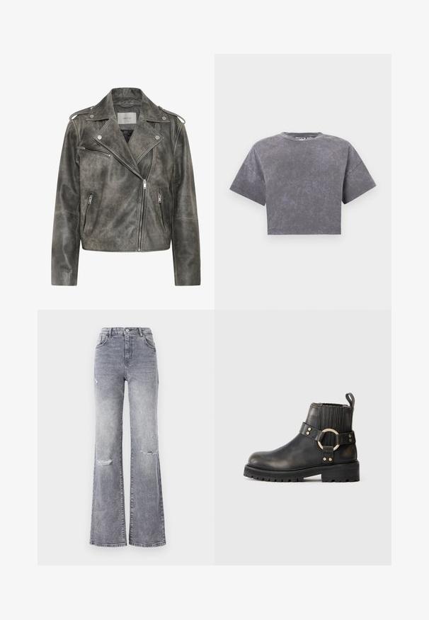 Gestuz VINTAGE JACKET - Læderjakker - cold vintage grey; Kort grå crop-top med en falmet, udvasket tekstur og brede korte ærmer mod en ensartet hvid baggrund.; Højtaljede grå denim jeans med flagrende ben, der har slidte knædetaljer, et klassisk fem-lomme design og tonet syninger.; Sorte læder ankelstøvler med en rund metalring som accent, elastiske sidepaneler og struktureret, ribbet skaft. Kraftig sål for godt greb.